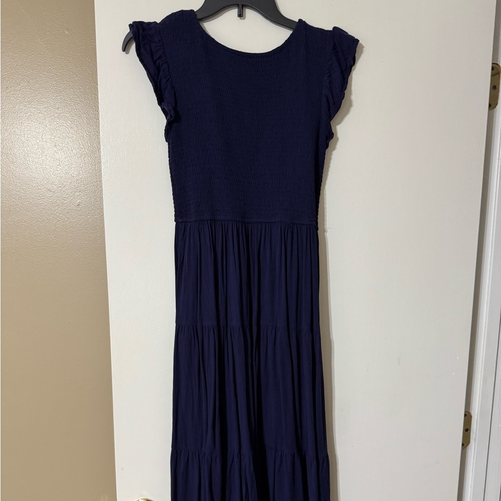 Navy Blue Smocked Midi Sundress with Flutter Sleeves